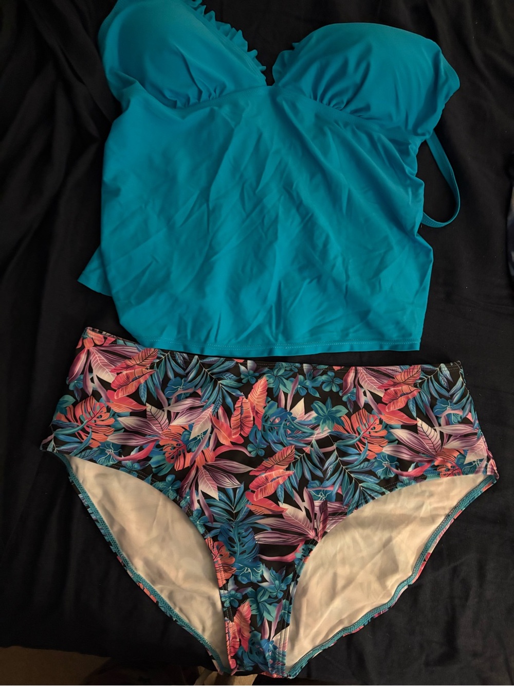 Turquoise Tankini Top with Tropical High-Waist Bikini Bottoms